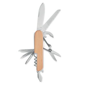 Multitool-Taschenmesser aus Edelstahl mit Bambus-Oberfläche. 9 Funktionen. Bambus ist ein Naturprodukt