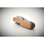Multitool-Taschenmesser aus Edelstahl mit Bambus-Oberfläche. 9 Funktionen. Bambus ist ein Naturprodukt