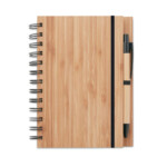 Spiralnotizbuch mit Bambuseinband und 70 Seiten aus Recyclingpapier. Inklusive passendem Kugelschreiber aus Bambus mit ABS-Spitzen und Clip.-Holz-8719941001787