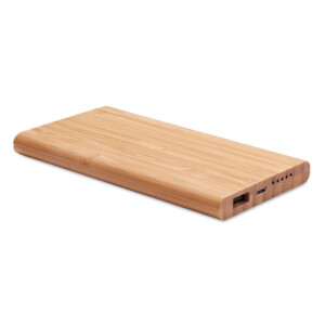 Kabelloses Ladegerät und 6000 mAh Powerbank im Bambusgehäuse. Stecker Typ C. DC5V/2A Powerbank-Ausgang. Drahtloser Ausgang: DC5V/1A. Kompatible neueste Androids