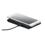 Telefonhalter aus zweifarbigem 300D RPET und kabelloses 10-W-Ladegerät. Ausgang: 9 V/1