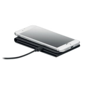 Telefonhalter aus zweifarbigem 300D RPET und kabelloses 10-W-Ladegerät. Ausgang: 9 V/1