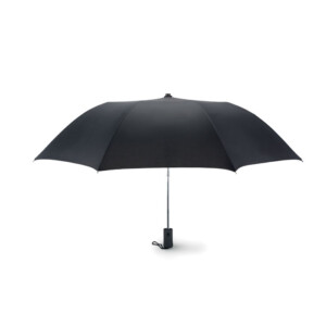 Regenschirm mit automatischer Öffnung aus 190T Pongee mit Stange und Streben aus beschichtetem Stahl. Schwarz gummierter ABS-Griff. 2 Teile hochklappen. Inklusive passender Tasche. Manuelles Schließen. Durchmesser: 93 cm. Lang. Mast: 52
