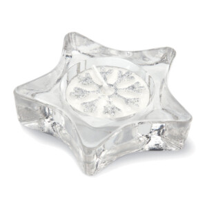 Sternförmiger Kerzenhalter aus Glas in einer silbernen Box mit transparentem Deckel und Zierband. Inklusive Teelicht.-Silber matt-8719941012240-1