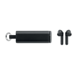 Kabellose True Wireless Stereo (TWS) 5.0-Kopfhörer mit integriertem 35-mAh-Akku. Spielzeit ca. 3 Stunden. Inklusive Micro-USB-Ladekabel und 250-mAh-Ladestation. Mit Schlüsselanhänger und Telefonhalter.-Schwarz-8719941053311-1