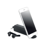 Kabellose True Wireless Stereo (TWS) 5.0-Kopfhörer mit integriertem 35-mAh-Akku. Spielzeit ca. 3 Stunden. Inklusive Micro-USB-Ladekabel und 250-mAh-Ladestation. Mit Schlüsselanhänger und Telefonhalter.-Schwarz-8719941053311-2