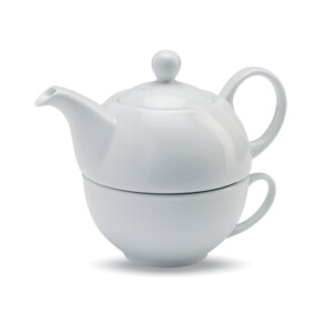 Teeset bestehend aus einer 400-ml-Teekanne und einer weißen Keramiktasse. Präsentiert in einer individuellen schwarzen Geschenkbox.-Weiß-8719941008960