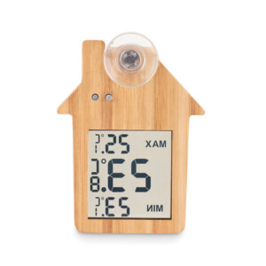 Wetterstation aus Bambus in Form eines Hauses mit Saugnapf auf der Rückseite. 1 LR44-Batterie enthalten.-Holz-8719941056503-2