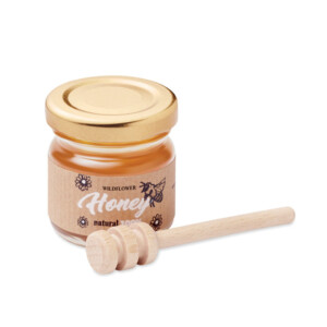 Wildblumenhonigglas (50 g) mit Honiglöffel aus Holz. Kommt in einer Kraftpapierbox. Mit Bienenblumensamen. Hergestellt in der EU.-Holz-8719941056107-3