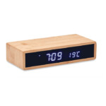Bamboo kabelloses Ladegerät inklusive Wecker mit blauer LED-Anzeige und Temperatur. AC-DC-Adapter. Kabelloser Ausgang: DC5V/1A (5W). Kompatibel mit den neuesten Androids