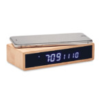 Bamboo kabelloses Ladegerät inklusive Wecker mit blauer LED-Anzeige und Temperatur. AC-DC-Adapter. Kabelloser Ausgang: DC5V/1A (5W). Kompatibel mit den neuesten Androids