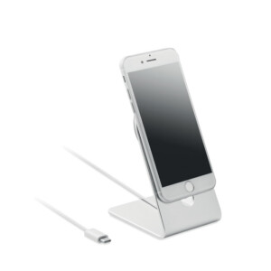 kabelloses 15-W-Aluminium-Ladegerät mit Telefonhalterung. Enthält einen zusätzlichen magnetischen Metallring. Ausgang: 9 V/1