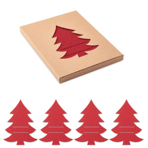 Lot de 4 porte-couverts en feutre RPET en forme de sapin de Noël présentés dans une boîte kraft.-Rouge-8719941054134