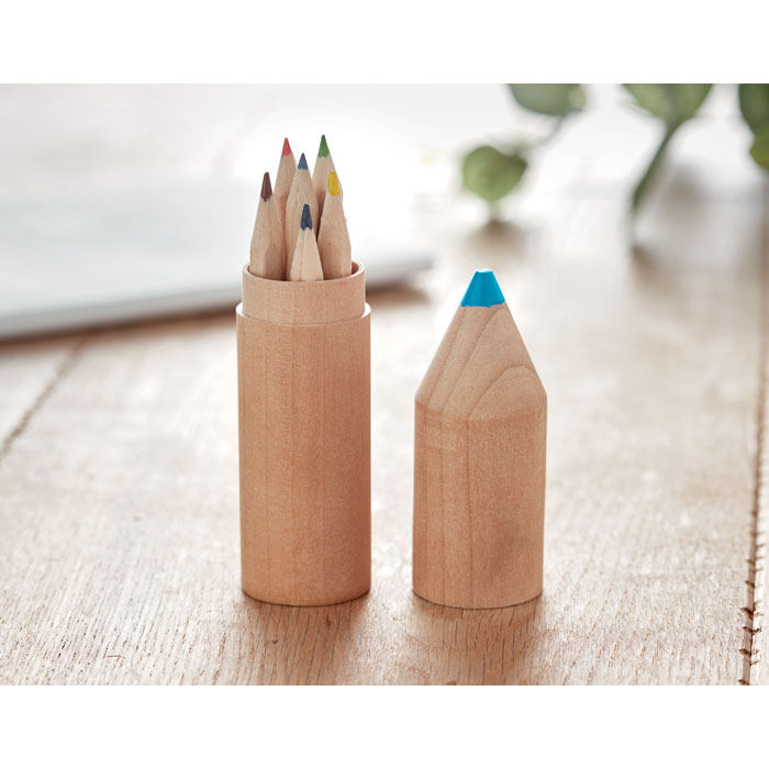 6 crayons en bois dans un étui en bois en forme de crayon.-Bois-8719941047372-4