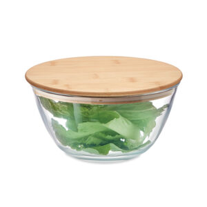 Bol à  salade en verre borosilicate avec couvercle en bambou et bande ensilicone.  Contenance : 1200 ml.-Transparent-8719941054257-3