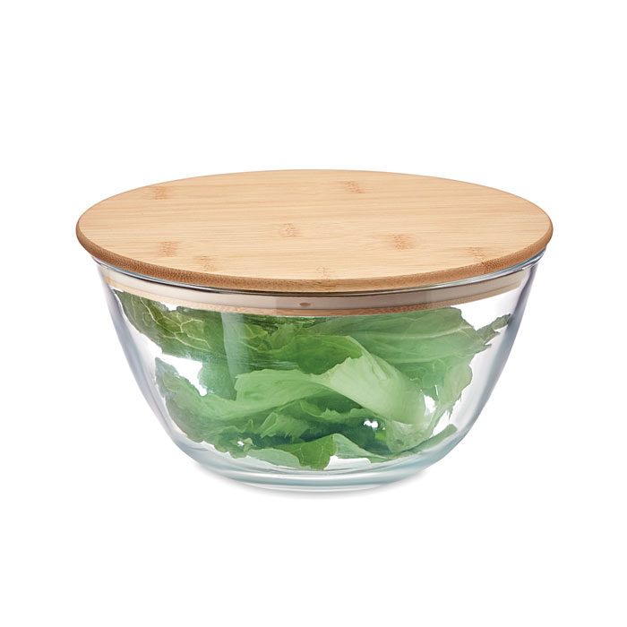 Bol à  salade en verre borosilicate avec couvercle en bambou et bande ensilicone.  Contenance : 1200 ml.-Transparent-8719941054257-3