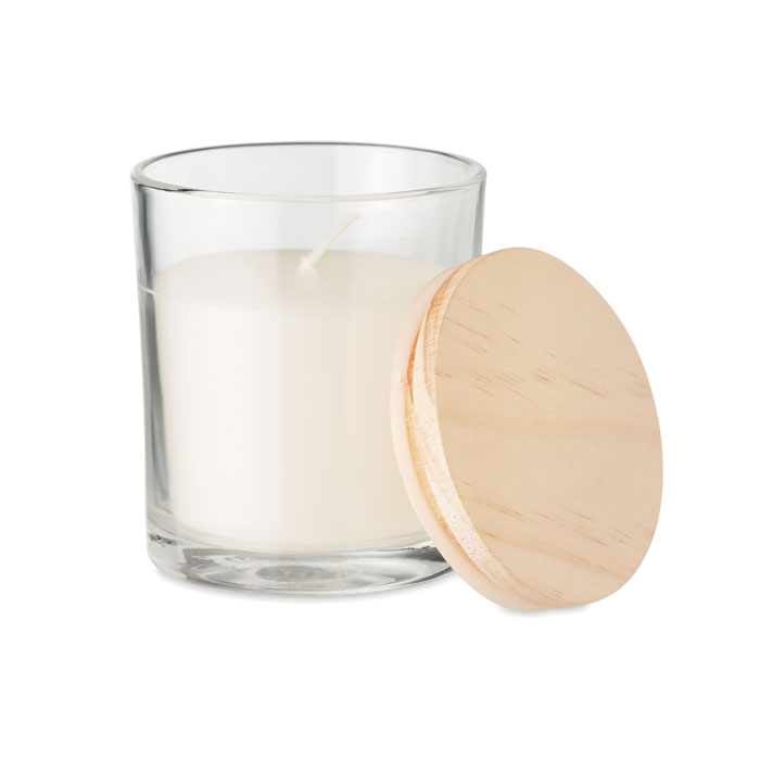 Bougie de cire parfumée à  la vanille en verre avec couvercle en bambou dans une boîte cadeau en papier. 7cm diamètre.-Transparent-8719941053823-2