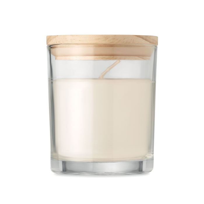 Bougie de cire parfumée à  la vanille en verre avec couvercle en bambou dans une boîte cadeau en papier. 7cm diamètre.-Transparent-8719941053823-3