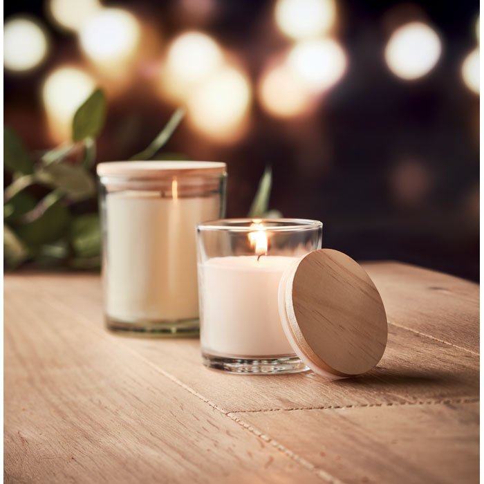 Bougie de cire parfumée à  la vanille en verre avec couvercle en bambou dans une boîte cadeau en papier. 7cm diamètre.-Transparent-8719941053823-4