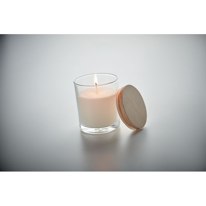 Bougie de cire parfumée à  la vanille en verre avec couvercle en bambou dans une boîte cadeau en papier. 7cm diamètre.-Transparent-8719941053823-6