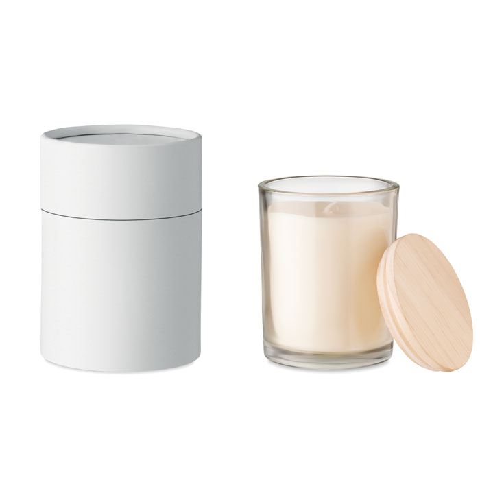 Bougie de cire parfumée à  la vanille en verre avec couvercle en bambou dans une boîte cadeau en papier. 8cm diamètre.-Transparent-8719941054288-2