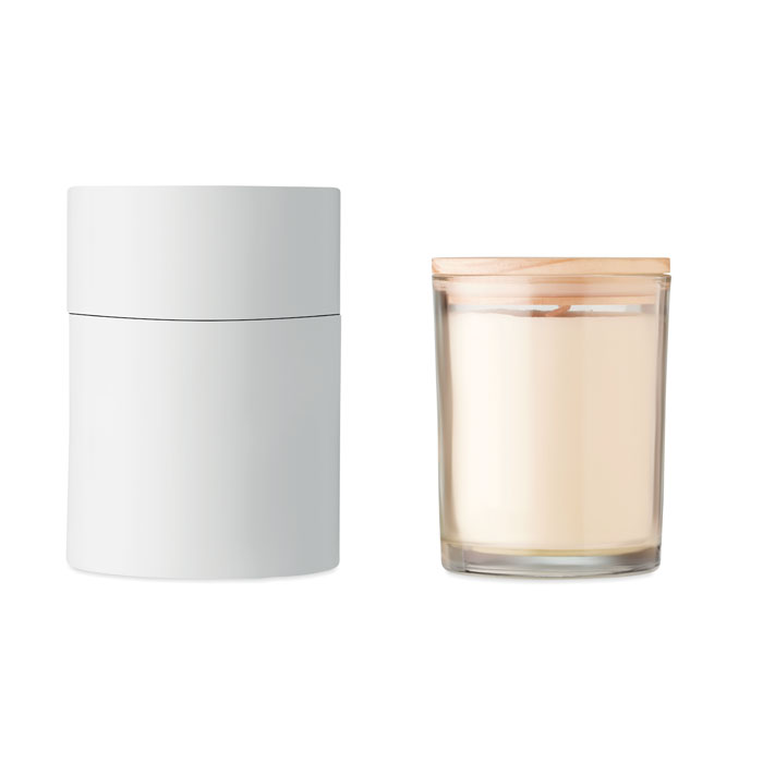 Bougie de cire parfumée à  la vanille en verre avec couvercle en bambou dans une boîte cadeau en papier. 8cm diamètre.-Transparent-8719941054288-3