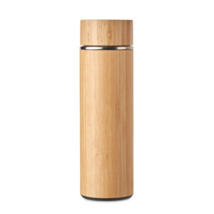 Gourde à  vide isolante à  double paroi en acier inoxydable/bambou avecinfuseur de thé supplémentaire à  l'intérieur. Contenance : 400 ml. Sansfuite.-Bois-8719941053502-2