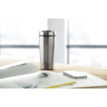 Tasse à  double paroi en acier inoxydable avec couvercle en PP noir. Contenance 400 ml.-Argent mat-8719941006034-4