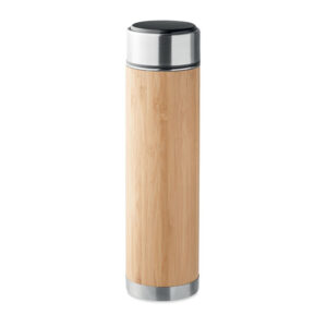 Bouteille à  vide isolante à  double paroi en acier inoxydable/bambou avec infuseur de thé à  l'intérieur.  Thermomètre tactile LED dans le couvercle. 1 pile CR 2450 incluse. Contenance : 480 ml. Sans fuite.-Bois-8719941054448-3