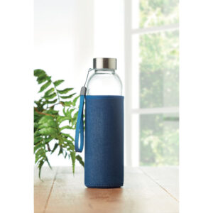 Bouteille en verre avec pochette en néoprène aspect denim. Contenance : 500 ml. Ne convient pas aux boissons gazeuses. Anti fuite.-Bleu-8719941052192-4