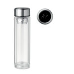 Bouteille à  double paroi en verre borosilicaté. Equipée d'un thermomètre à  LED dans le haut du couvercle et d'un infuseur à  thé à  l'intérieur. 1 pile CR 2450 incluse. Anti fuite. Contenance : 390 ml. Anti fuite.-Transparent-8719941051461