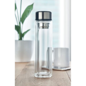 Bouteille à  double paroi en verre borosilicaté. Equipée d'un thermomètre à  LED dans le haut du couvercle et d'un infuseur à  thé à  l'intérieur. 1 pile CR 2450 incluse. Anti fuite. Contenance : 390 ml. Anti fuite.-Transparent-8719941051461-4