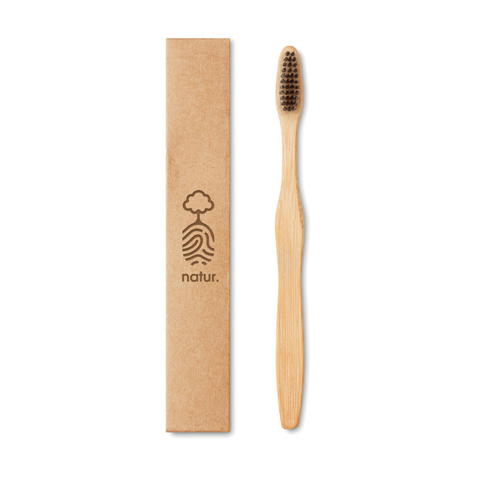 Brosse à  dents avec manche en bambou et brosse en nylon. Présenté dans une boîte en papier kraft.-Noir-8719941047389-5