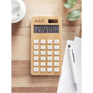 Calculatrice 12 chiffres à  double alimentation (pile et solaire) en ABS avec étui en bambou.  1 Pile bouton (LR1131)  incluse.-Bois-8719941052659-5