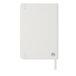 Carnet A5 avec couverture souple en PU et revêtement  antibactérien.  96 pages lignées (70 gr) avec fermeture par élastique. ISO 22196.-Blanc-8719941050518-1