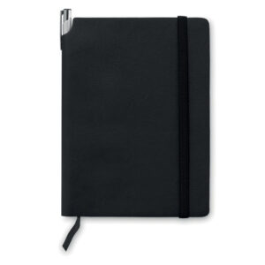 Carnet A5 avec couverture PU souple. 80 pages à  lignes et une poche sur la couverture arrière. Espace latéral pour stylo.-Noir-8719941030787-1