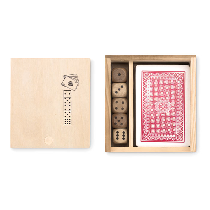 Cartes à  jouer et 5 dés présentés dans une boîte en bois.-Bois-8719941002258