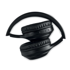 Casque sans fil 5.0 pliable en ABS dans un sac à  cordon en coton de 140 gr/m2. Batterie Li-Pol rechargeable de 200 mAh. Fonction mains libres et microphone intégrés. Durée de lecture d'environ 4 h. Câble de chargement micro USB. Portée de fonctionnement : 10 m.-Noir-8719941054714-3