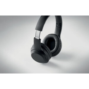 Casque sans fil 5.0 pliable en ABS dans un sac à  cordon en coton de 140 gr/m2. Batterie Li-Pol rechargeable de 200 mAh. Fonction mains libres et microphone intégrés. Durée de lecture d'environ 4 h. Câble de chargement micro USB. Portée de fonctionnement : 10 m.-Noir-8719941054714-6