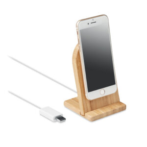 Chargeur sans fil magnétique en bambou avec support. Sortie : DC 9V/1.1A (10W). Compatible avec les iPhone® 12 et plus récents. Un anneau métallique magnétique supplémentaire est inclus pour les téléphones non magnétiques.-Bois-8719941055070-2