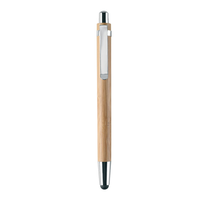 Coffret stylo en bambou dans une boîte en carton. Stylo bille à  encre bleue à  poussoir avec fonction tactile et portemine.-Bois-8719941006003-1
