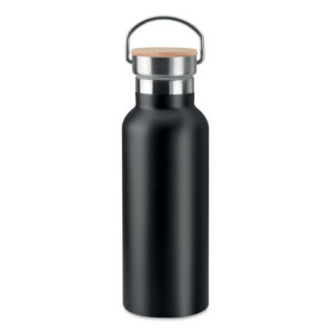 Bouteille isotherme à  double paroi en acier inoxydable avec bouchon en bambou et poignée. Contenance 500 ml. Anti fuite.-Noir-8719941002111