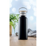 Bouteille isotherme à  double paroi en acier inoxydable avec bouchon en bambou et poignée. Contenance 500 ml. Anti fuite.-Noir-8719941002111-4