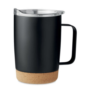 Mug en acier inoxydable à  double paroi avec base en liège et couvercle coulissant. Capacité : 300 ml.-Noir-8719941057395