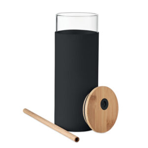 Gobelet en verre borosilicate avec manchon de protection en silicone et avec couvercle et paille en bambou. Capacité : 450ml. Comme il s'agit d'une simple paroi