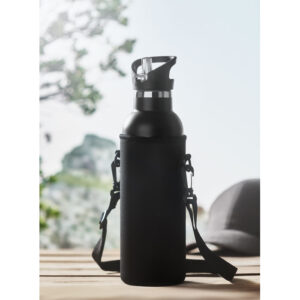 Gourde en acier inoxydable isolée avec bouchon à  vis antifuite et bouchon-paille intégré interchangeable supplémentaire. Fournie avec un sac de transport en néoprène. Capacité : 700 ml.-Noir-8719941055018-4