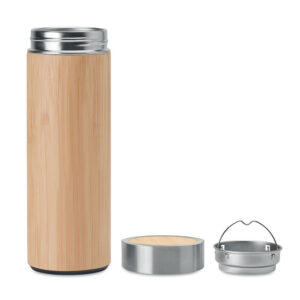 Gourde double paroi Inox avec couvercle isolant en bambou et infuseur à  thé. Contenance 400 ml. Le bambou est un produit naturel