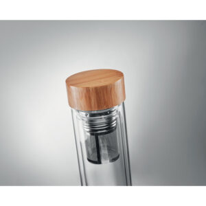 Gourde double paroi en verre borosilicate et couvercle en bambou avec infuseur à  thé. Contenance 420 ml. Le bambou est un produit naturel