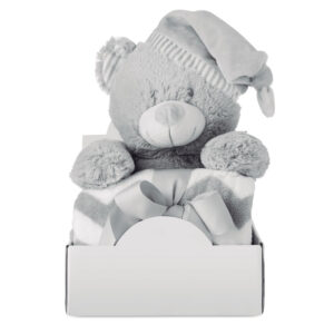 Grand nounours en peluche avec couverture. Présenté dans une boîte blanche de présentation pliable. Taille de la couverture 90x75.-Gris-8719941046627-1