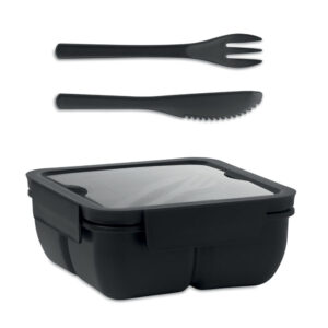 Boîte à  lunch en PP avec 2 compartiments. Comprend un set de couverts en PP dans le couvercle.  Contenance:: 600 ml.-Noir-8719941053687